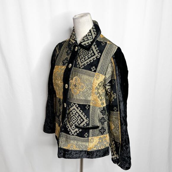 Parsley & Sage Patchwork Jacket Geometric Velour Black Gold Tapestry Women's M - Picture 6 of 10